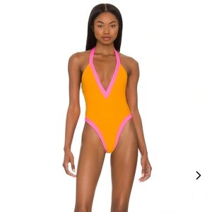 Lovers + Friends Large One Piece Neon Orange And Pink In Charge Swimsuit